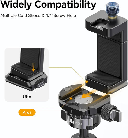 ULANZI MA33 Metal Phone Tripod Mount with 2 Cold Shoes, Adjustable Smartphone Tripod Adapter for iPhone and Samsung