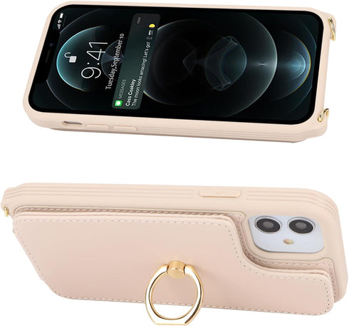 iPhone 11 Phone Case with Card Holder and Strap for Women, Crossbody Lanyard, Kickstand Ring Stand, Beige