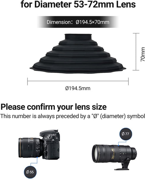 Silicone Lens Hood, Anti Reflection Lens Hood for Diameter 53-72mm Lens, Foldable Reversible Shade for Canon, Nikon,