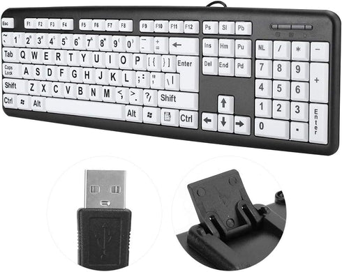 Elderly Keyboard, 104 Keys QWERTY Layout USB Wired Keyboard for Old People (1.35M Cable, Black)