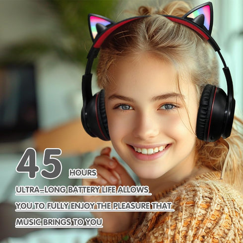 Cat Ear Wireless Headphones, Bluetooth 5.3, 60H Over Ear, 8H with LED Light, Foldable Music Gaming Headset with Aux Mic