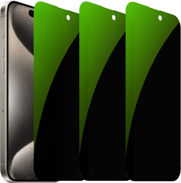 iPhone 15 Pro 3 PCS Anti-Spy Tempered Glass Screen Protector, 6.1" Anti-Blue, 9H Hardness, Green, Anti-Peeping Film.