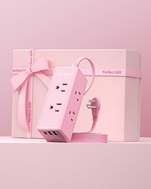 HONIZER 10ft Pink Extension Cord, Power Strip Flat Cord, 6 Outlets & 3