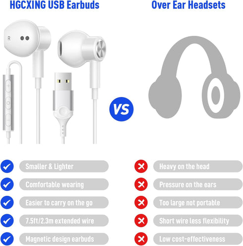 USB Headphone for PC Laptop, Magnetic Wired Earbuds with Microphone Control, Lightweight Noise Cancelling Gaming