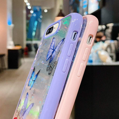 LCHULLE Girly Case for iPhone SE 2022/3rd/SE 2020/2nd, Iridescent Butterfly Design, Soft TPU Bumper