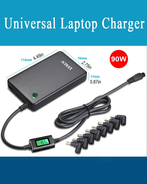 Universal Laptop Charger with LCD Display, 90W Slim AC Adapter Power Supply with USB Port for Most Notebooks