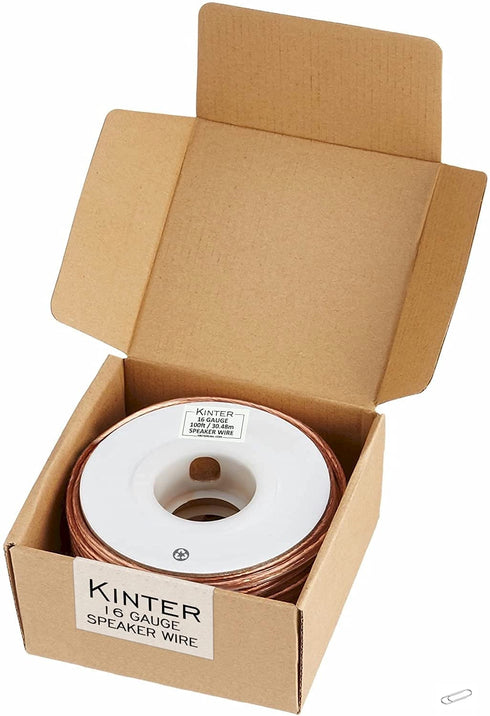 Kinter 100ft 16-Gauge Audio Stereo Speaker Wire Cable, 2 Conductor, Polarity Marked, Flexible Clear PVC