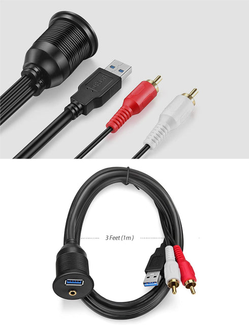 Flush Mount Cable Kit 3 ft USB 3.0 Male to Female and 2 RCA Male to 3.5mm Female AUX Extension