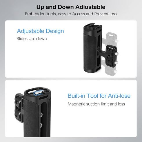 Mini Side Handle Handgrip with Cold Shoe Interface, Up and Down Adjustable Left Right Handle Handgrip, 1/4"-20 Screw