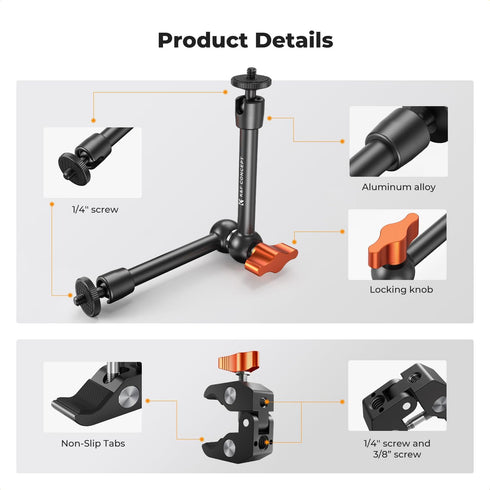 K&F CONCEPT 9.8" 1/4" 3/8" 360 Magic Arm Clamp Kit with & Thread Screw Ball Heads Articulating Magic Arm with Tripod