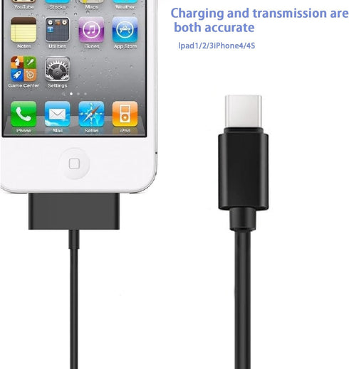 USB Adapter Cable for 30-Pin Devices, Compatible with iPhone 4/4S, iPad 1/2/3, iPod, USB-C Connector