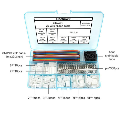 JST PH 2.0 Connectors Pin Header and Ribbon Cable Wire Kit 2.0mm Pitch JST PH - 2/3/4/5/6/7/8 Male Pin Female Housing