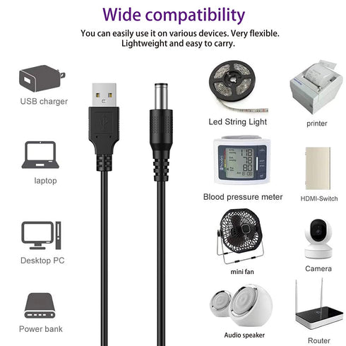 Universal USB to DC 5V Power Cord, 5FT with 10 Connector Tips (5.5x2.5, 4.8x1.7, 4.0x1.7, 4.0x1.35, 3.5x1