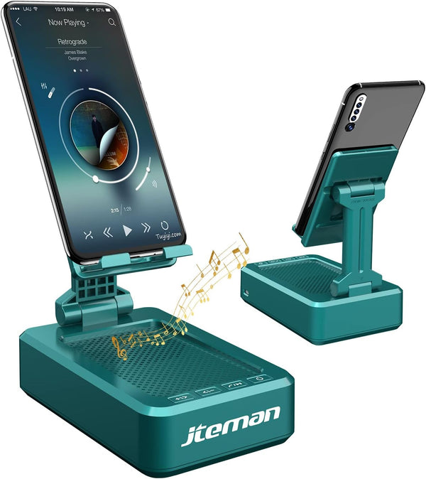 JTEMAN Cell Phone Stand with Wireless Bluetooth Speakers, Angle Adjustable Strong Pedestal Phone Stand for Desk, HD