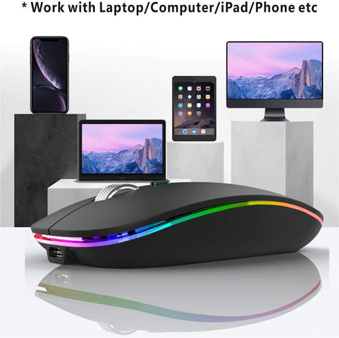 TENMOS Wireless Bluetooth Mouse, LED Slim (Bluetooth 5.1/5.0 + USB) 2.4GHz Rechargeable Silent Mouse with Type C