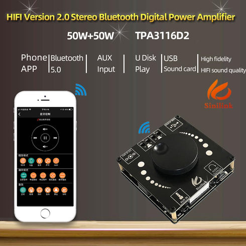 AP50H TPA3116D2 Bluetooth 5.0 Digital Power Amplifier Board AUX 2X 50W Speaker Stereo Audio AMP Module Home Music Input DC12-24V