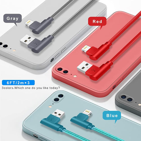 iPhone Charger 90 Degree 3 Pack 6FT Lightning Cord - Nylon Braided Fast Charging for iPhone 12/11/XS/XR.