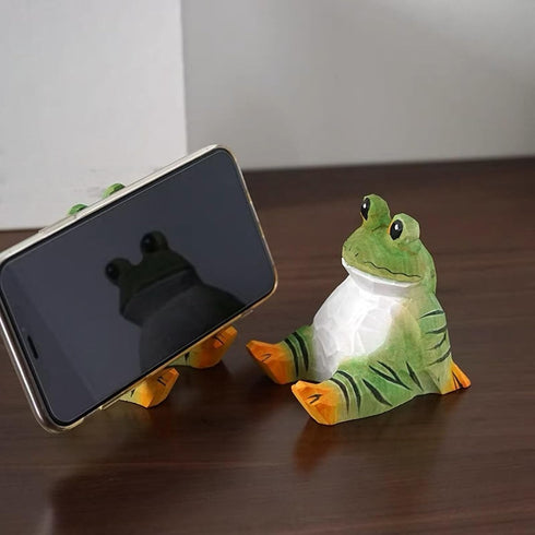 TANG SONG Adorable Hand-Carved Wooden Frog Phone Stand - Cute Tablet Holder