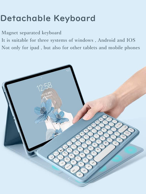 HENGHUI Cute Round Key Wireless Keyboard Case for Galaxy Tab S8 11" 2022 / S7 11" 2020 with S Pen Holder, SkyBlue