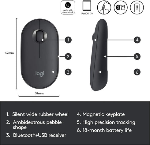 Logitech Pebble Wireless Mouse with Bluetooth or 2.4 GHz Receiver, Silent Slim Design for Laptop, PC, Mac, Chromebook