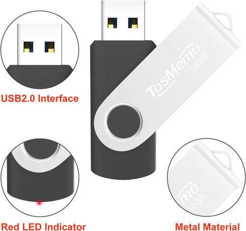 TosMemo 16GB 2.0 Storage(2 Pack,Black USB Flash Drive Thumb Drive USB Flash Drive Swivel Jump Drive Pen Drive Memory