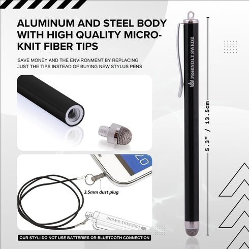 The Friendly Swede Micro-Knit Mesh Tip Capacitive Stylus Pens for Touch Screens with Replaceable Fiber Tip (3 Pack)