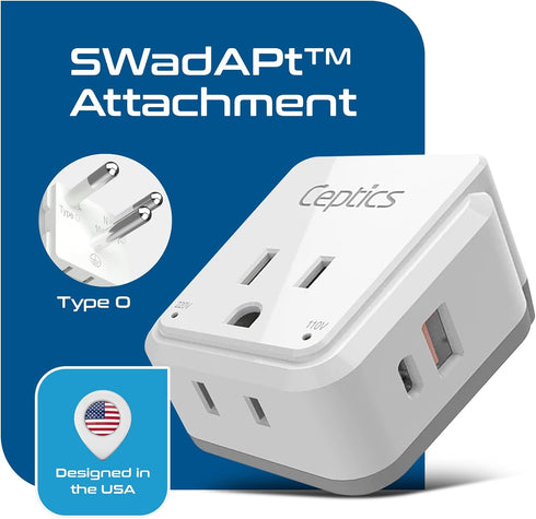 Ceptics Thailand Travel Adapter Set, 20W PD & QC, Type O - 4 in 1 with 2 USA Inputs, 1 USB Port, 1 USB-C Port