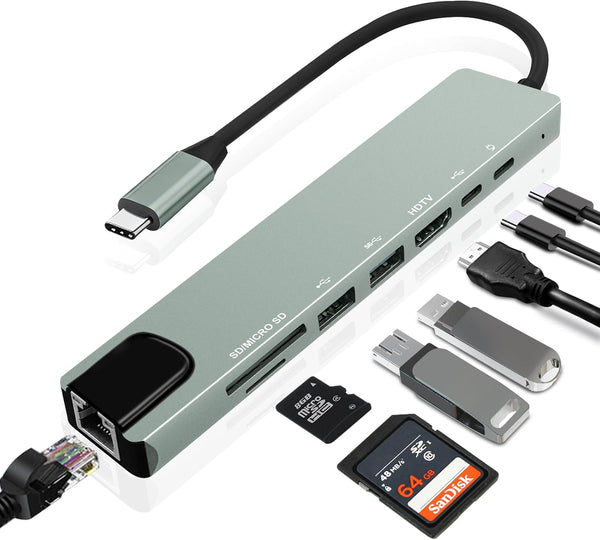 Vrebrey 8-in-1 USB-C Hub, Multi-Port Adapter for Laptops, 4K@60Hz HDMI, 85W Power Delivery,
