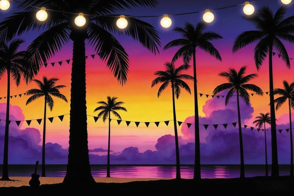 XMJJKUF 12x8ft Summer Palm Tree Backdrop Seaside Sunset Silhouettes Night Light Tropical Hawaii