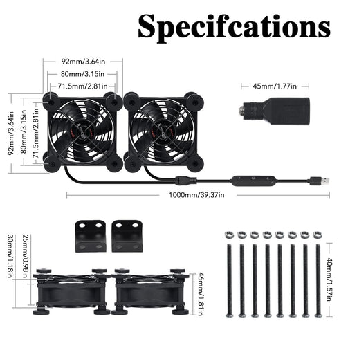 Portable Cooling Fan with Dual 80mm, 10 Speed USB 5V, IPX5 Waterproof, for Tablet, TV, Xbox, Router, Greenhouse