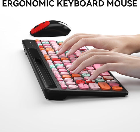 Wireless Keyboard and Mouse Combo, Retro Typewriter Wireless Keyboard with Round Keycaps, 2.4GHz Compact USB Cute