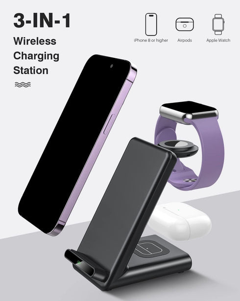 Wireless Charging Station, 3 in 1 Stand Made for Apple Watch Ultra/9/8/7/6/SE/5/4/3, Fast Wireless Charger for iPhone