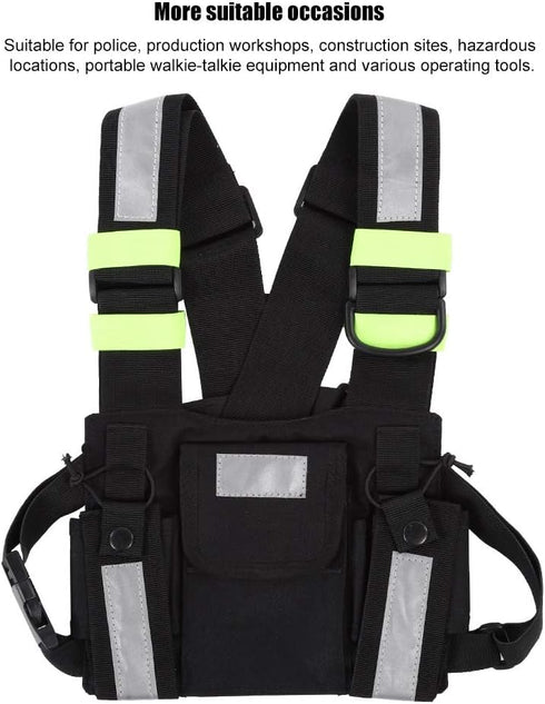 Radio Chest Harness Rig Holster Pack, Front Pouches Zipper Bag with Green Reflective Strips for Walkie Talkies