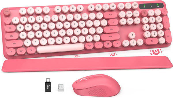 Wireless Keyboard and Mouse Combo - Pink-Colorful Round Keycaps, Full-Size Retro Typewriter Keyboard with Detachable