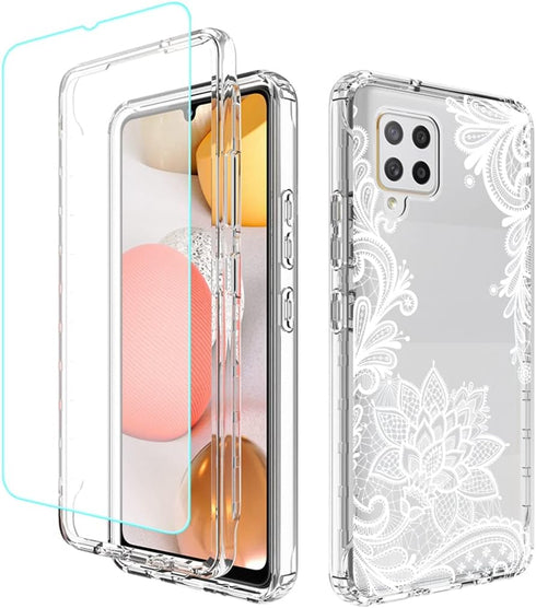 Galaxy A42 5G Phone Case, Tempered-Glass Screen Protector, Cute Clear Mandala Pattern Full Body Cover