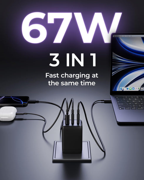 wegear 67W 3-Port 16/15/Pro, S25/S24, Note20, USB C Charger, GaN Fast Charging Block with Foldable Plug, Compatible