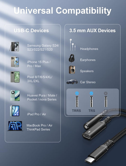 USB-C to 3.5mm Audio Headphone Adapter - HiFi Charger 2-in-1 for iPhone 15, Samsung Galaxy S24, Pixel, iPad