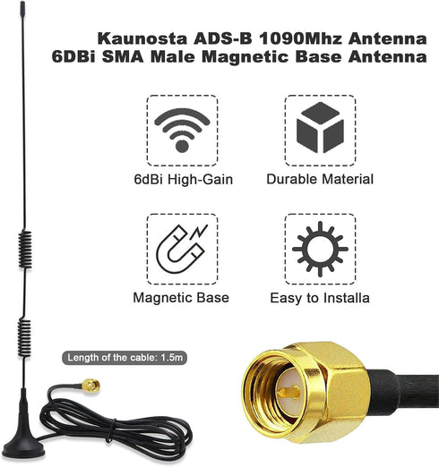 Kaunosta 900-1800MHz/Compatible 978MHz&1090MHz, Receiver/6DBi 1.5M ADS-B SDR Radio Antenna with for SDR, FPV, Ham Radio