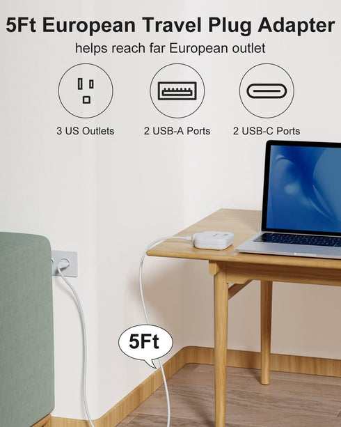 European Travel Plug Adapter, US to European with 3 American Outlets & 4 USB, 5ft Power Cord for Travel