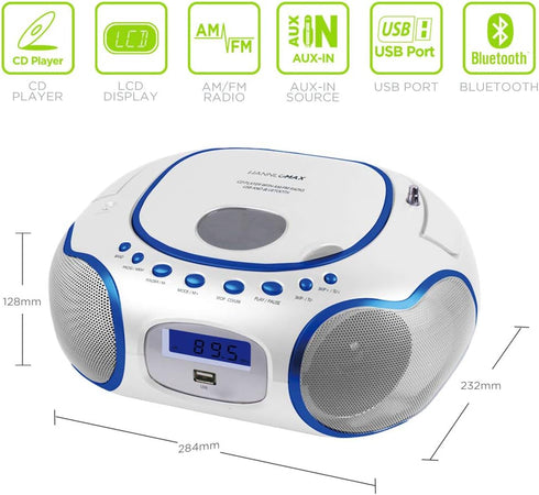 HANNLOMAX HX-309CD Portable CD/MP3 Boombox, AM/FM Radio, Bluetooth, USB Port for MP3 Playback, Aux-in, AC/DC Operated
