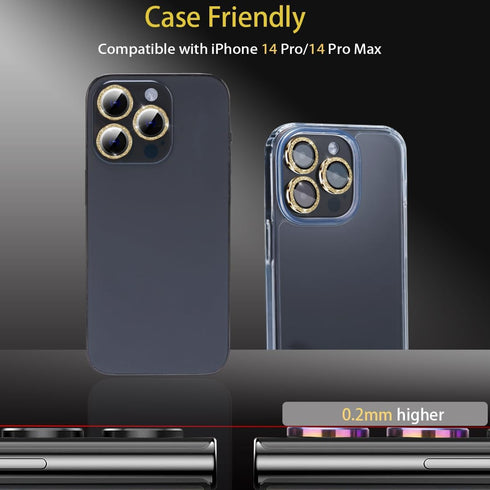 Camera Lens Protector for iPhone 14 Pro & Pro Max, Tempered Glass with Aluminum Alloy Ring - Glitter Gold