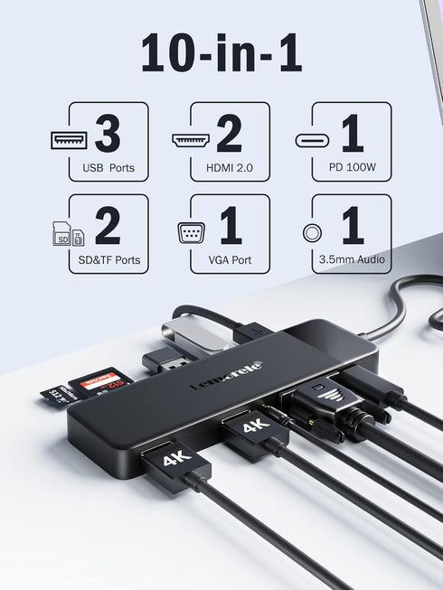Lemorele 10 in 1 USB C Docking Station for Laptop, Triple Display Monitors Adapter w/4K Dual HDMI, 1080P VGA, 3