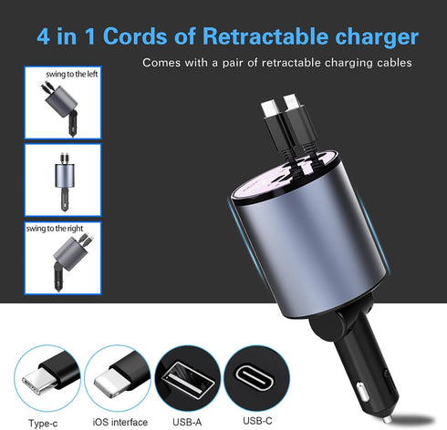 Retractable Car Charger, 66W 4 in 1 Super Fast Charging with 2 Retractable Cables and 2 USB Ports for iPhone