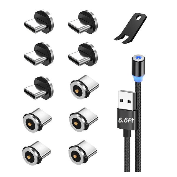 6.6Ft Magnetic Charging Cable Type C with 10Pcs Magnetic Tips, 2.4A Magnetic Phone Charger Nylon-Braided Cord with LED