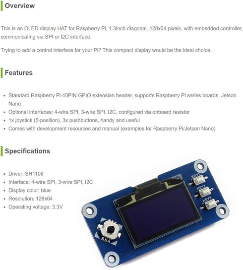 1.3inch 128x64 Communicating I2C Waveshare OLED Display HAT for Raspberry Pi Pixels with Embedded Controller via SPI