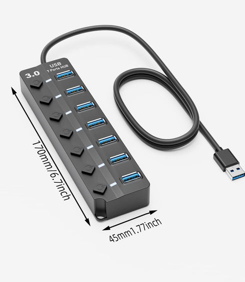 SNLLMZI 7-Port 3.0 4ft/1.2m Pro,PS4/5,Flash USB Hub for Laptop, USB Hub Splitter with Individual On/Off Switches