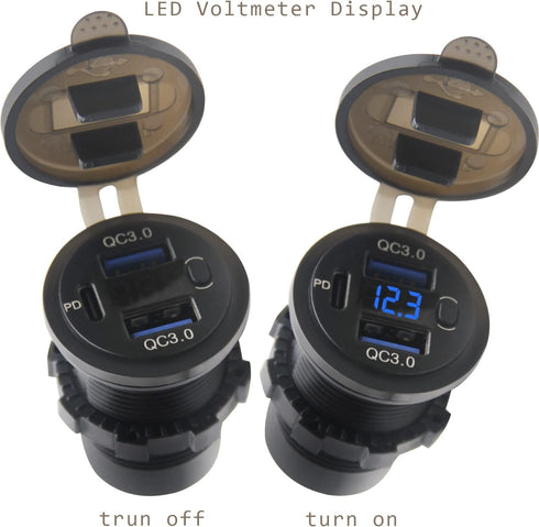 Dual USB Quick Charge 3.0 Port & PD USB C Car Charger Socket, 12V USB Outlet with Voltmeter and Power Switch for Car Boat Marine Truck