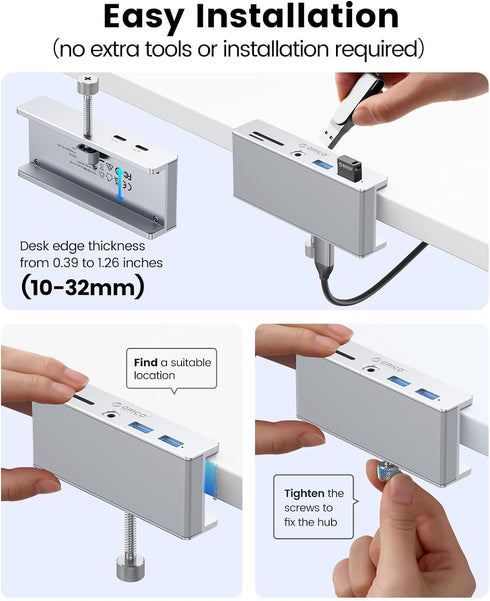 ORICO USB Hub 3.0, Clamp USB C Adapter with Extra Power Port, 2 USB-A Data Ports, SD/TF Card Reader