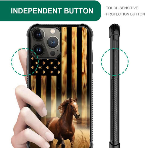 DJSOK iPhone 15 Pro Case: Classic Wood Grain American Flag Horse, Dual Layer Shockproof Rugged Cover for Men, Boys,