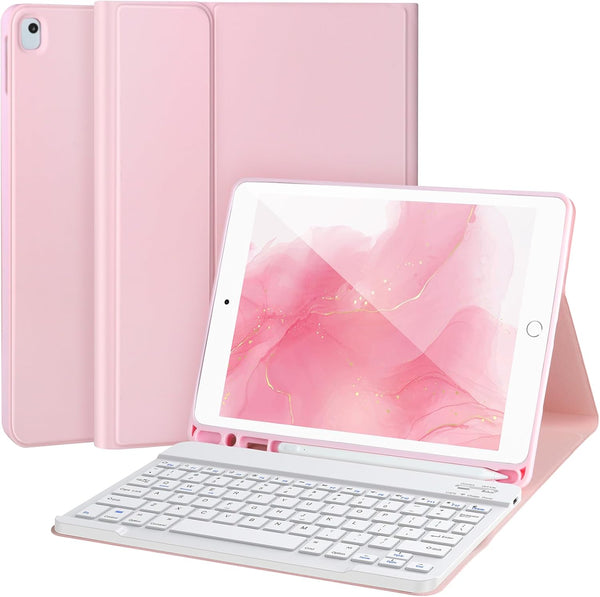 Keyboard Case for iPad 9th/8th/7th Gen 10.2’’, Detachable Bluetooth Keyboard, Pencil Holder, Pink-W